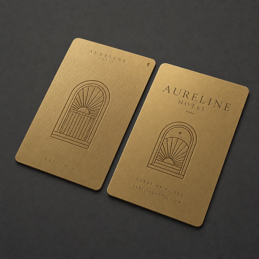Aureline Hotel brushed matte-gold metal card mockup