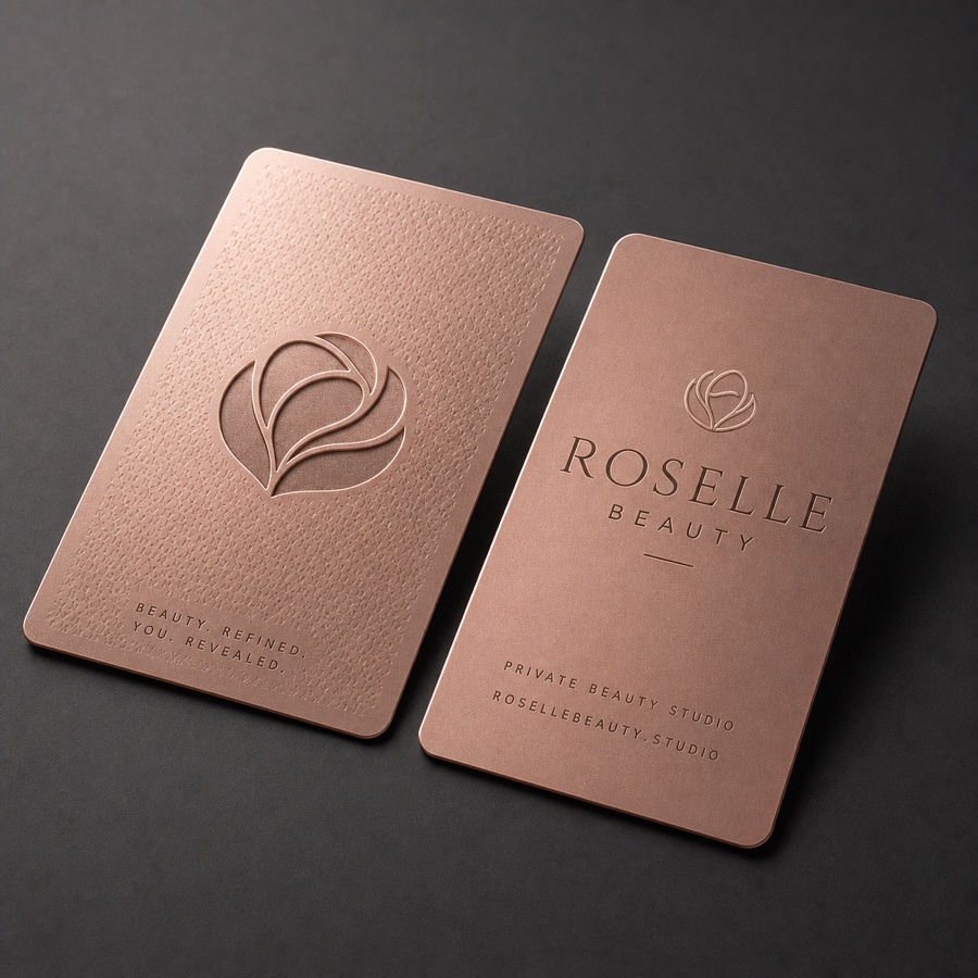 Roselle Beauty rose-gold metal card mockup