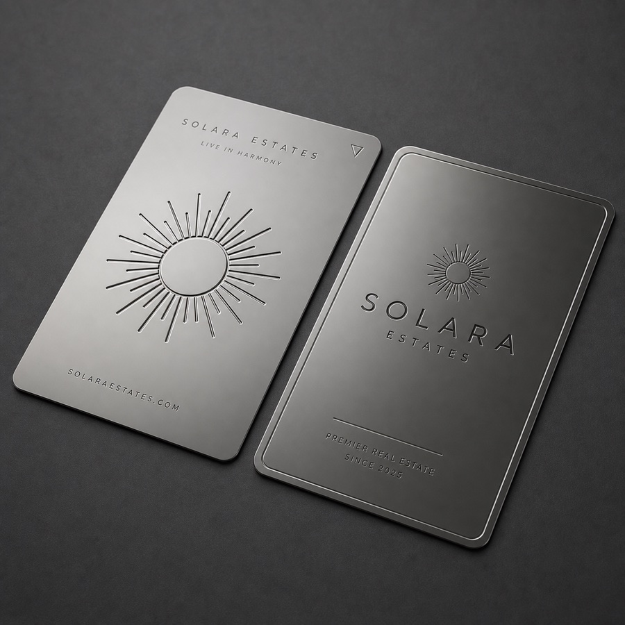 Solara Estates gun-metal business card mockup